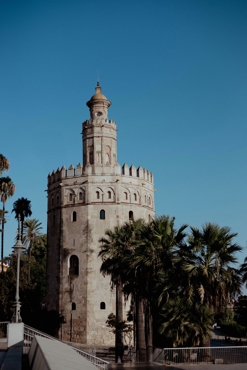 La Torre del Oro en contrapicado, rodeada de vegetación y palmeras